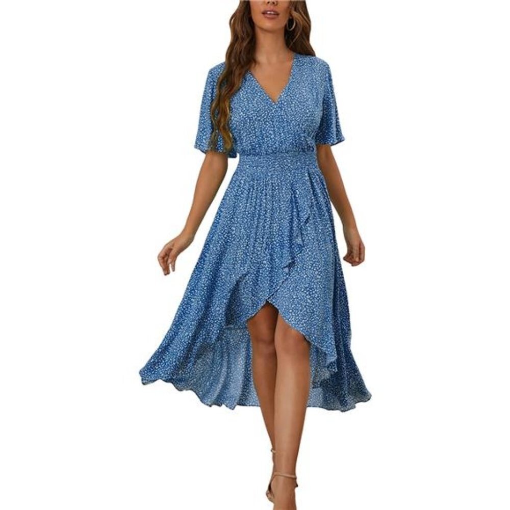 Women's Short Sleeve Floral High Low V-Neck Flowy Party Long Maxi Dress